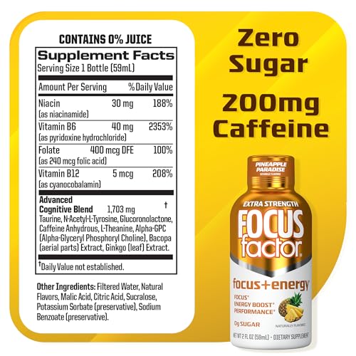 Focus Factor Extra Strength Focus + Energy Shots - 12 x 2oz Bottles (Pineapple Paradise Flavor) - Powered by Nootropics with Caffeine, L-Theanine, Ginkgo, Bacopa, L-Tyrosine, Alpha GPC Focus FactorAu supplements