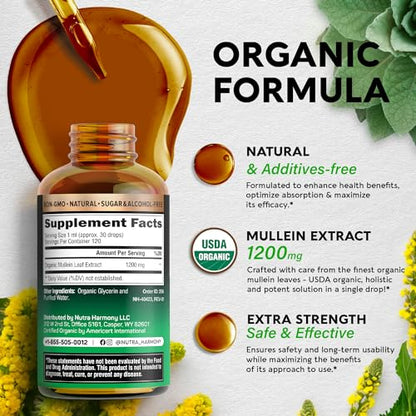 USDA Organic Mullein Drops for Lungs - Mullein Leaf Extract Supplement - Made in USA NUTRAHARMONYUS supplements