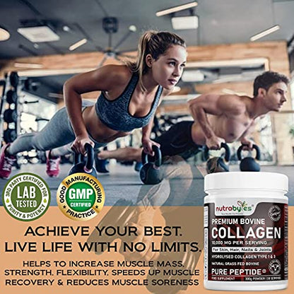 Pure Hydrolysed Collagen Powder 10000mg Bovine Type 1 & 3 Unflavoured|High Strength Protein Peptides for Women & Men NUTRABYTESUS supplements