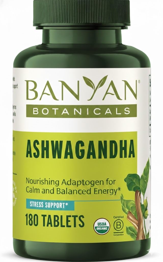 Banyan Botanicals Organic Ashwagandha - 1000mg per Serving - Cortisol Manager & Stress Relief Supplement - Adrenal Support for Mood, Restful Sleep & Muscle Recovery - 180 Tablets - Non-GMO, Vegan* Banyan BotanicalsAu supplements