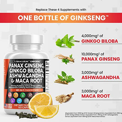 Panax Ginseng 10000mg Ginkgo Biloba 4000mg Ashwagandha Maca Root Clean NutraceuticalsUS supplements