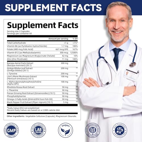Brain Supplements for Memory and Focus | Nootropic with Bacopa Monnieri, Lion's Mane, Alpha GPC, Ginkgo Biloba | Mental Clarity & Cognitive Support | Vitamin B6 & B12 Neuro Health - Non-GMO, 120 Caps MigcopatAu supplements