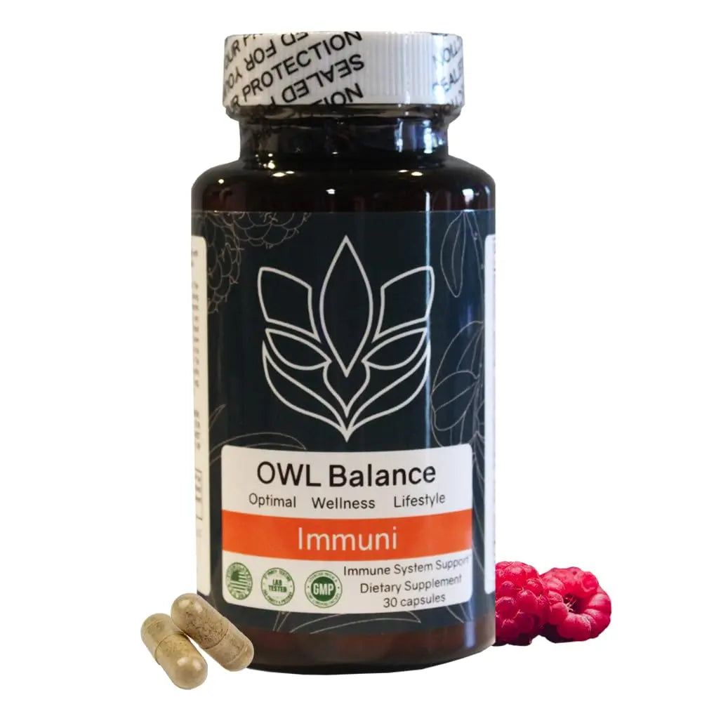 Immuni - Immune Support - Vitamin Supplement for Cold & Flu Relief - Natural Immunity System Booster - Vitamin C & E, Rasberry Fruit Powder, Green Tea Leaf, Olive leaf, and more - 30 Capsules OWL BalanceAu supplements