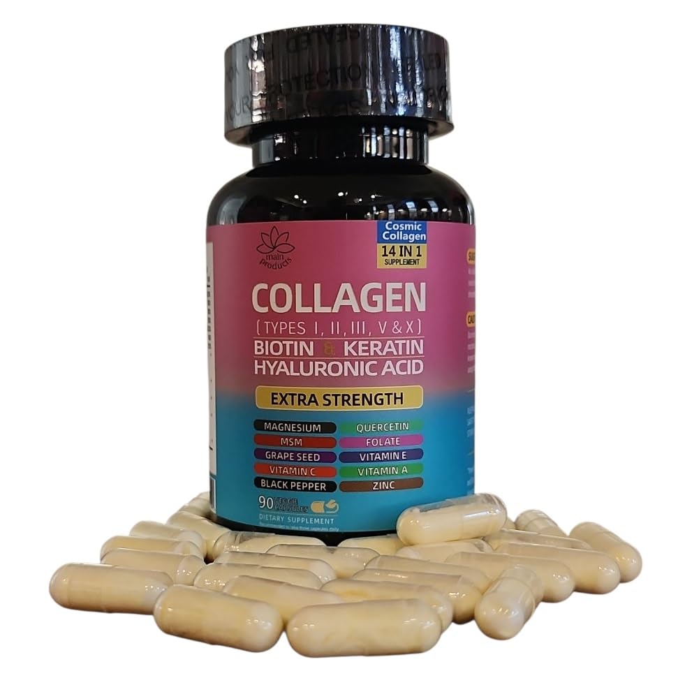Collagen Peptides Types I, II, III, V & X, 64000 MCG, 14 in 1, Biotin, Keratin, Hyaluronic Acid, Magnesium, MSM, Grape Seed, Vitamin A C & E, Black Pepper, Quercetin, Folate, Zinc (90 Veggie Caps) Main ProductsAu supplements