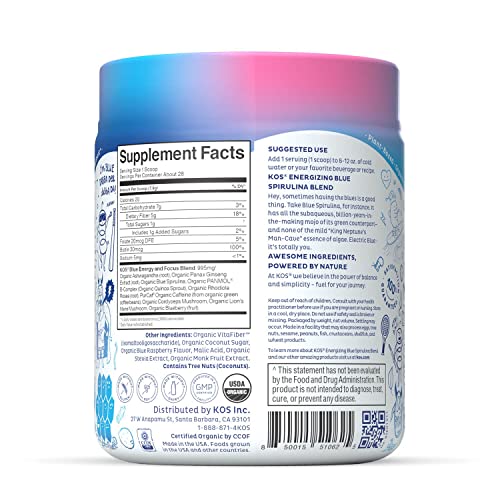 KOS USDA Organic Energizing Blue Spirulina Blend - 70 mg Organic Caffeine, B-Complex KOSAu supplements