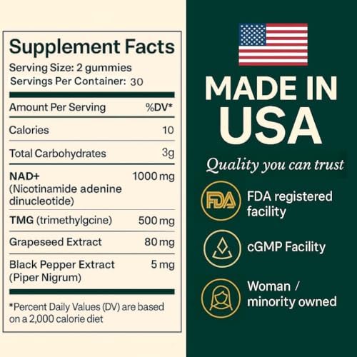 b.Ready NAD+ Gummies, Premium 1000 mg NAD Supplement with 500 mg TMG, Grape Seed & Black Pepper Extract – NAD+ for Healthy Aging, Cellular Energy & Antioxidant Support, Vegan, Sugar-Free, 60 Count b.ReadyAu supplements