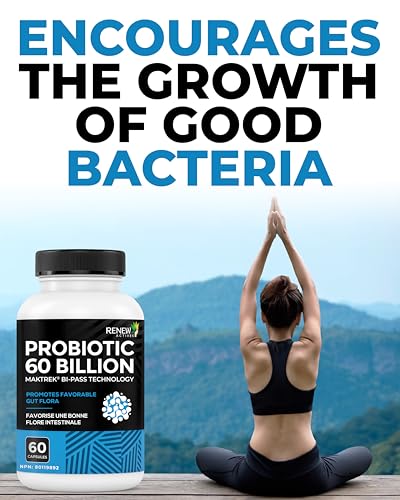 Renew Actives Probiotic Supplement for Digestive Health 60 Billion CFU per 2 Capsules - Advanced Formula with Prebiotic Benefits - Supports Gut Flora Balance & Wellness - Made in Canada - 60 Capsules Renew ActivesAu supplements