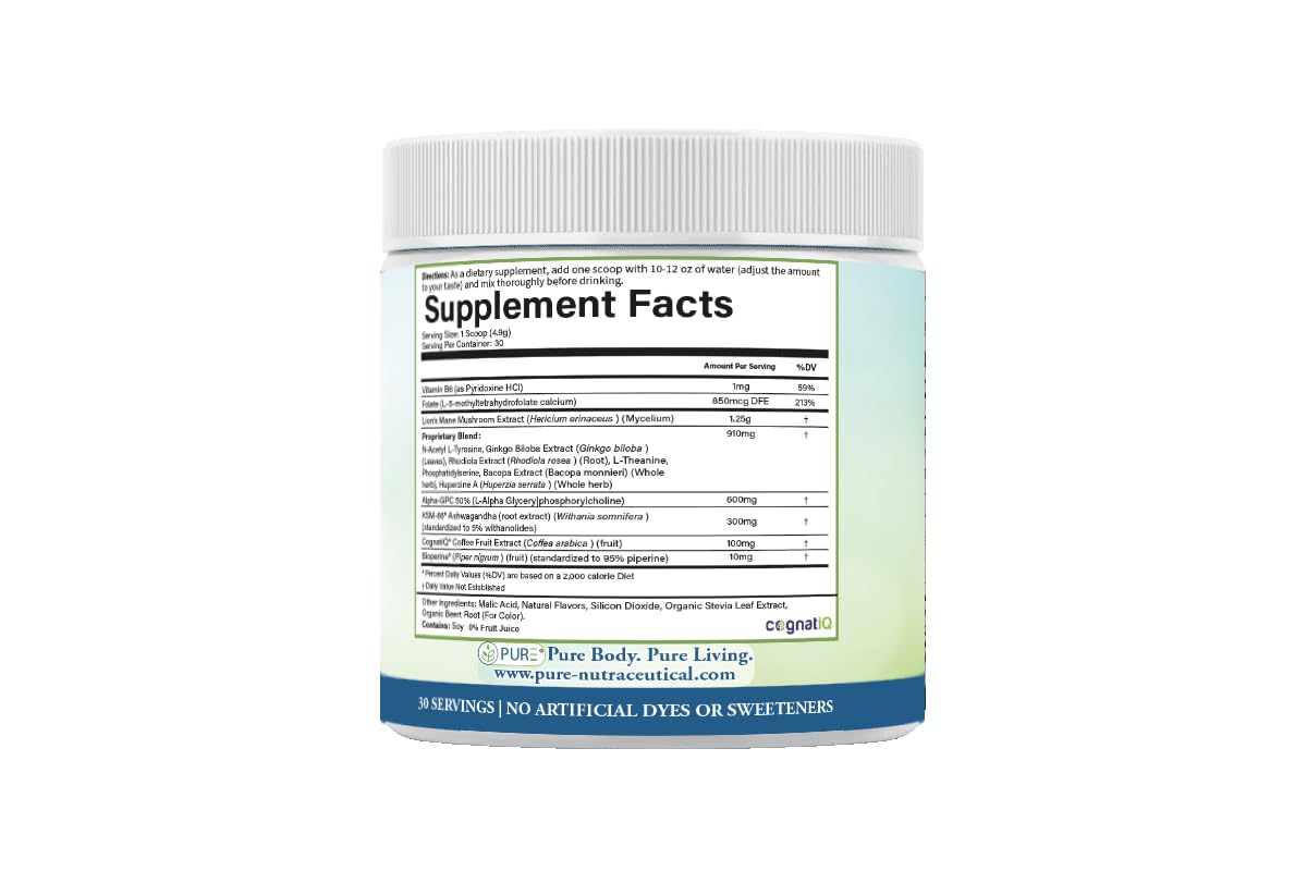 PURE® Healthy Brain Nootropic Powder - 30 Servings - 1.25g Lion’s Mane, 600mg Alpha-GPC & KSM-66® Ashwagandha - Cognitive Support for Memory, Focus & Stress Relief - 147 Grams, Strawberry Flavor! PUREAu supplements