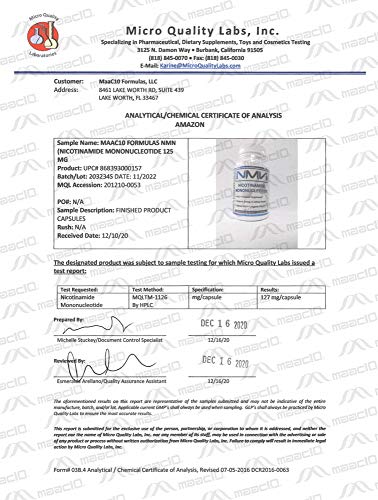 MAAC10 NMN Supplement Real Nicotinamide Mononucleotide (NMN 125mg Capsules). The Most Powerful NAD+ Precursor More Stable Than Riboside. We use 99% Pure Pharmaceutical Grade Stabilized NMN (30 Count) MAAC10Au supplements