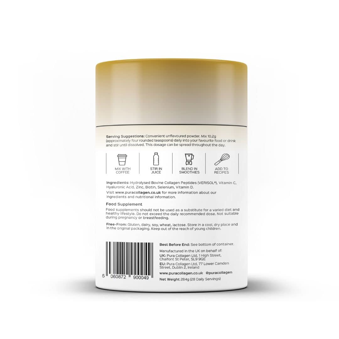 Pura Collagen Powdered Supplement Glow+, 10,000mg Hydrolysed Peptides, Hyaluronic Acid, Vitamins & Minerals, 28 Servings, 284 g Pura CollagenAu supplements