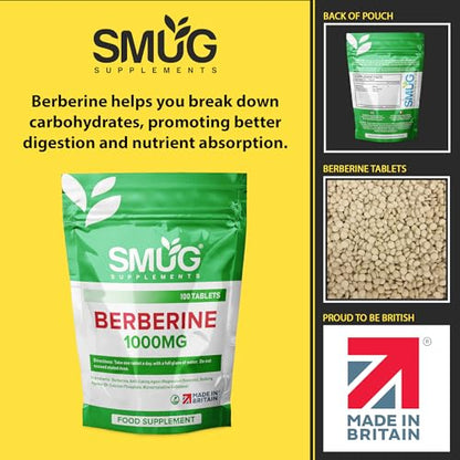 SMUG Supplements Berberine Tablets - 100 High Strength 1000mg Pills - Can Promote SMUG SupplementsUS supplements