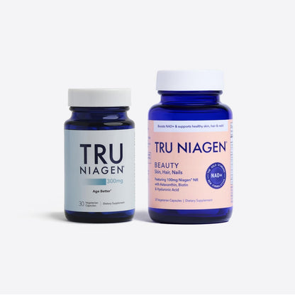 TRU NIAGEN 300mg + Beauty Bundle. A Comprehensive Bundle for Daily NAD+ Support with targeted Beauty Actives for Healthy Skin, Hair, and Nails at The Cellular Level. TRU NIAGENUS supplements