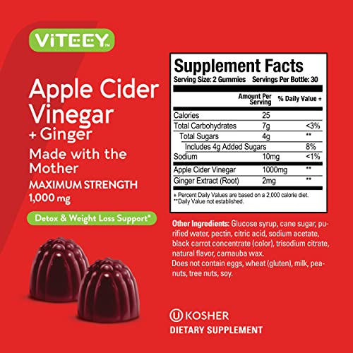 Apple Cider Vinegar Gummies 1,000mg Plus Ginger, ACV with The Mother, Detox Cleanse ViteeyUS supplements