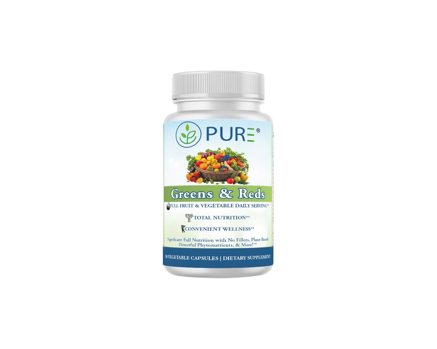 PURE® Greens & Reds Capsules - 30 Servings - 9 Daily Servings of Fruits & Vegetables in 1 Capsule - PhytoServ® Superfood Blend with Broccoli, Kale & Berries - Plant-Based Phytonutrient Shield PUREAu supplements