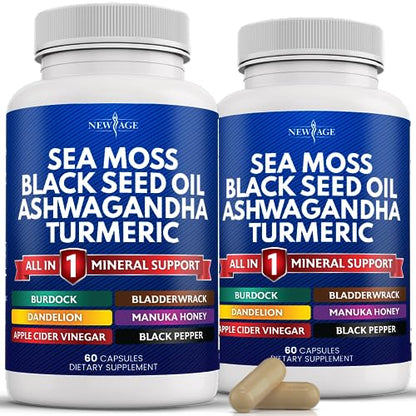 Silica Sea Moss 3000mg Black Seed Oil 2000mg Ashwagandha 1000mg Turmeric 1000mg NEW AGEUS supplements