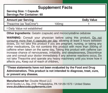 Theacrine (Teacrine) 100 Mg, 60 Capsules - Energy and Focus Supplement (Similar to Caffe Double Wood SupplementsUS supplements