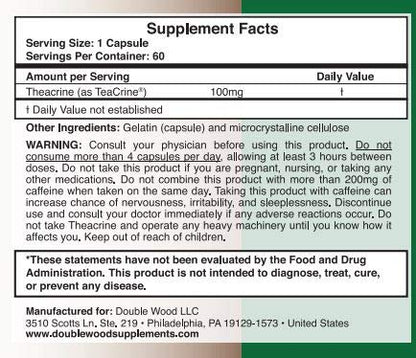 Theacrine (Teacrine) 100 Mg, 60 Capsules - Energy and Focus Supplement (Similar to Caffe Double Wood SupplementsUS supplements