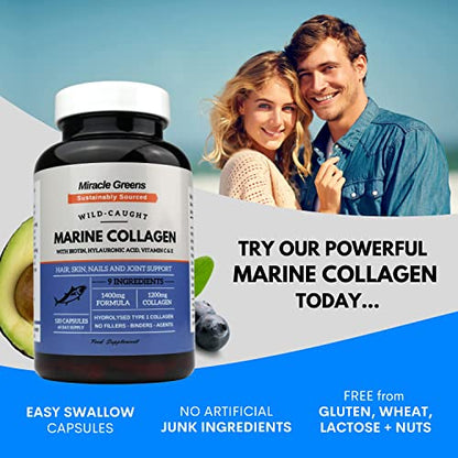 Marine Collagen 1400mg | 120 Capsules with Biotin, Hyaluronic Acid, Vitamin C, E, B2, Zinc, Copper & Iodine Miracle GreensUS supplements