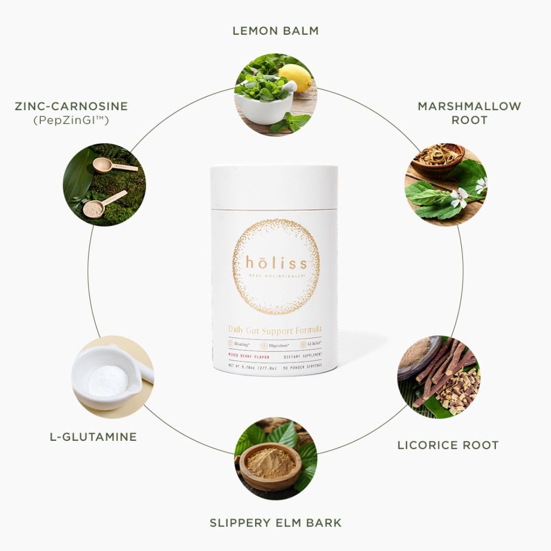 HOLISS Daily Gut Health Kit – 6-in-1 All Natural Supplement, Bloat & Gas Aid, GI Lining Repair, IBS Support – Lemon Balm, L-Glutamine, PepZinGI, Mixed Berry, 30 Servings, Electric Mixer & Spoon HOLISSAu supplements