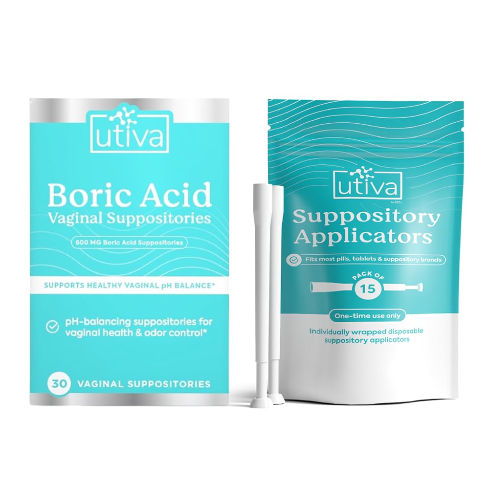 10% Bundle Utiva Boric Acid - 600mg 30-Boric Acid Vaginal Suppositories to Lower pH and Support Vaginal Health + Utiva Suppository Applicators – Hygienic Individually Wrapped 15 Vaginal Applicators Szio+US supplements