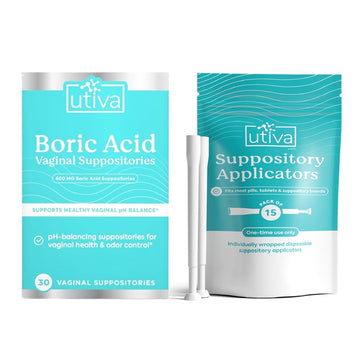 10% Bundle Utiva Boric Acid - 600mg 30-Boric Acid Vaginal Suppositories to Lower pH and Support Vaginal Health + Utiva Suppository Applicators – Hygienic Individually Wrapped 15 Vaginal Applicators Szio+US supplements