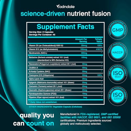 Adndale NAD Supplement. Longevity Formula with Liposomal NAD+, Trans Resveratrol, Urolithin-A, Berberine, CoQ10. NMN Supplement Alternative. 90 Count AdndaleAu supplements