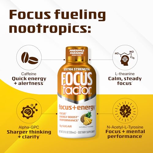 Focus Factor Extra Strength Focus + Energy Shots - 12 x 2oz Bottles (Pineapple Paradise Flavor) - Powered by Nootropics with Caffeine, L-Theanine, Ginkgo, Bacopa, L-Tyrosine, Alpha GPC Focus FactorAu supplements