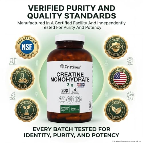 PRISTINE'S Creatine Monohydrate Capsules for Women & Men - NSF Certified 75 Day Supply 3G Muscle Growth Support Supplement - Cognitive & Athletic Performance Support - Enhanced Recovery PRISTINE'SAu supplements