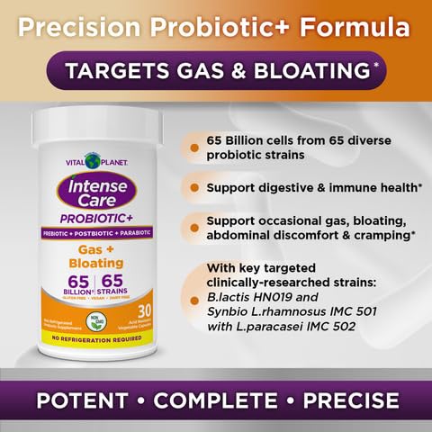 Vital Planet - Intense Care Gas & Bloating Probiotics Plus Organic Prebiotics, Postbiotics, Parabiotics, Complete 4-in-1 Supplement for Adults, 65 Billion CFU, 65 Strains, Digestive and Immune 30 ct Vital PlanetAu supplements