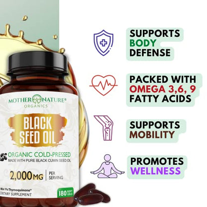 Organic Black Seed Oil Capsules - 3 Month Supply - 180 Count (2000mg Per Serving) Mother Nature Organics Superfoods for Organic LivingUS supplements