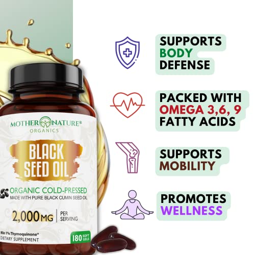 Organic Black Seed Oil Capsules - 3 Month Supply - 180 Count (2000mg Per Serving) Mother Nature Organics Superfoods for Organic LivingAu supplements
