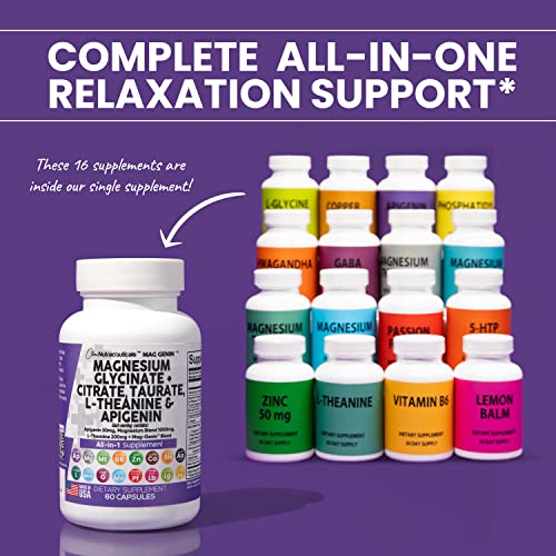Magnesium Glycinate Complex 1000mg with L-Theanine 200mg Apigenin 50mg Citrate Taurate Supplement - 5-HTP GABA Passion Flower Lemon Balm L-Glycine Phosphatidylserine Ashwagandha - USA Made Clean Nutra Clean NutraceuticalsUS supplements