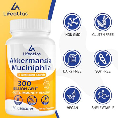 300 Billion AFU Akkermansia Muciniphila - Live Akkermansia Probiotics for Women & Men LifeatlasUS supplements