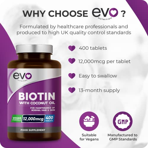 Biotin Hair Growth Supplement 12,000mcg with Coconut Oil | 400 High Strength Tablets EVO NUTRITIONUS supplements