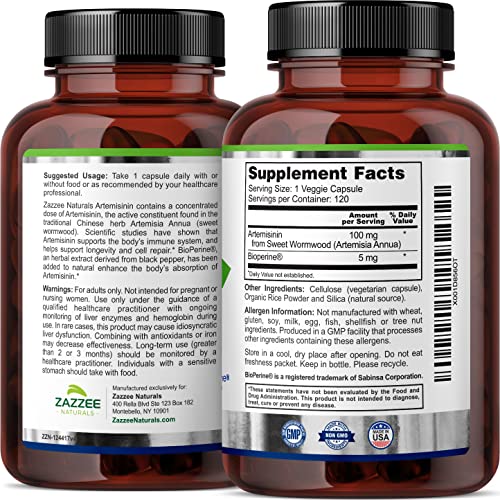 Zazzee High Absorption Artemisinin, 100 mg per Capsule, 120 Vegan Capsules, with 5 mg ZazzeeUS supplements