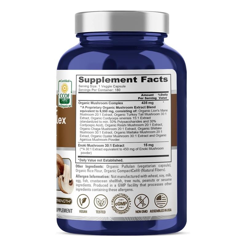 NusaPure Organic Mushroom Complex 10,000mg per Capsule, 180 Veggie Caps, Non-GMO, Enoki, Turkey Tail, Reishi, Chaga, Maitake NusaPureAu supplements