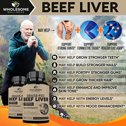Grass Fed Desiccated Beef Liver Capsules (180 Pills, 750mg Each) - Natural Iron, Vitamin A Wholesome WellnessUS supplements