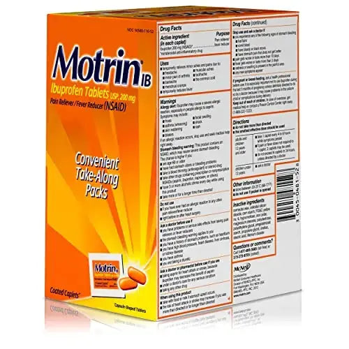 Motrin IB, Ibuprofen 200mg Tablets, NSAID Pain & Fever Reliever for Headache, Backache, Muscular Aches, Arthritis Pain Reliever, 50 Travel Packets of 2, 100 ct MotrinAu supplements