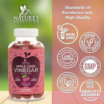 Vegan Apple Cider Vinegar Gummies | Max Strength 1000mg | Gelatin-Free, Vegan, Non-GMO Nature's NutritionUS supplements