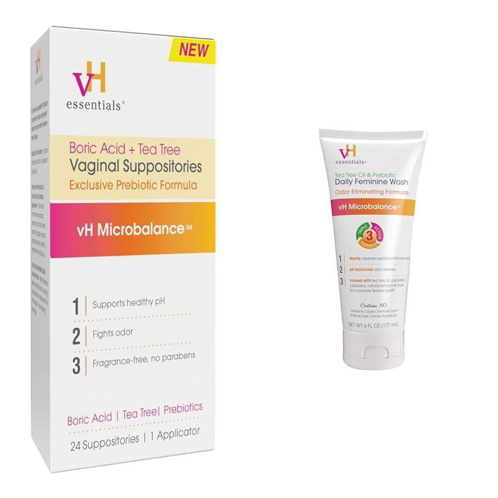 vH essentials Vaginal Health Bundle - Boric Acid + Tea Tree Suppositories (24 Count) + Tea Tree & Prebiotic Feminine Wash (6 Fl Oz) vH essentialsUS supplements