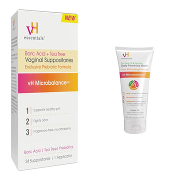 vH essentials Vaginal Health Bundle - Boric Acid + Tea Tree Suppositories (24 Count) + Tea Tree & Prebiotic Feminine Wash (6 Fl Oz) vH essentialsUS supplements