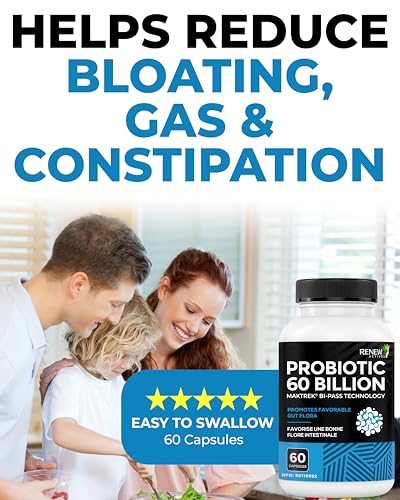 Renew Actives Probiotic Supplement for Digestive Health 60 Billion CFU per 2 Capsules - Advanced Formula with Prebiotic Benefits - Supports Gut Flora Balance & Wellness - Made in Canada - 60 Capsules Renew ActivesAu supplements