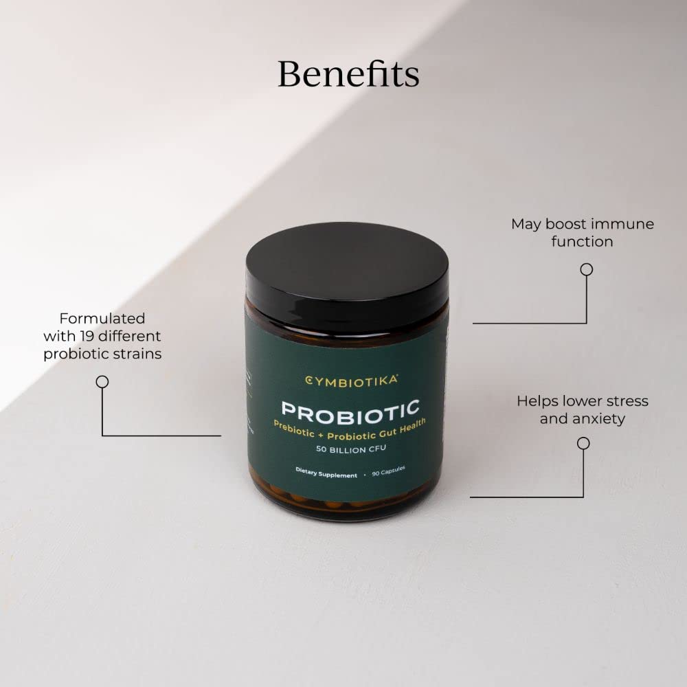 CYMBIOTIKA Probiotic + Prebiotic, 60 Billion CFU - 19 Strains, Gut Health Supplement for Women & Men, Immune Support, Digestive Health, & Gut Balance, 90 Capsules, 1 Month Supply, Made in USA CYMBIOTIKAUS supplements