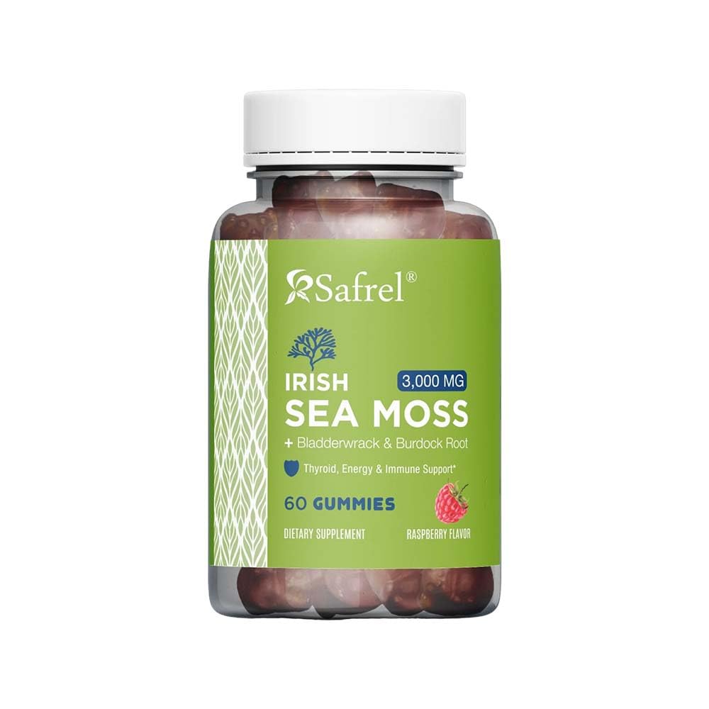 Safrel Irish Sea Moss Gummies 3000mg with Bladderwrack and Burdock Root, Thyroid Energy and Immune Support, Vegan Raspberry Flavor, 60 Gummies SafrelAu supplements
