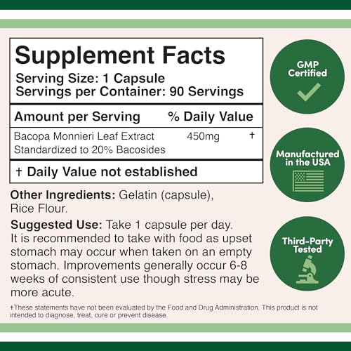 Bacopa Monnieri Capsules 20% Bacosides 450mg, 90 Count (Manufactured in USA Double Wood SupplementsUS supplements