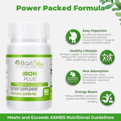 BariSlim Iron Plus Capsules - Formulated for Patients After Weight Loss Surgery Including BariSlimUS supplements