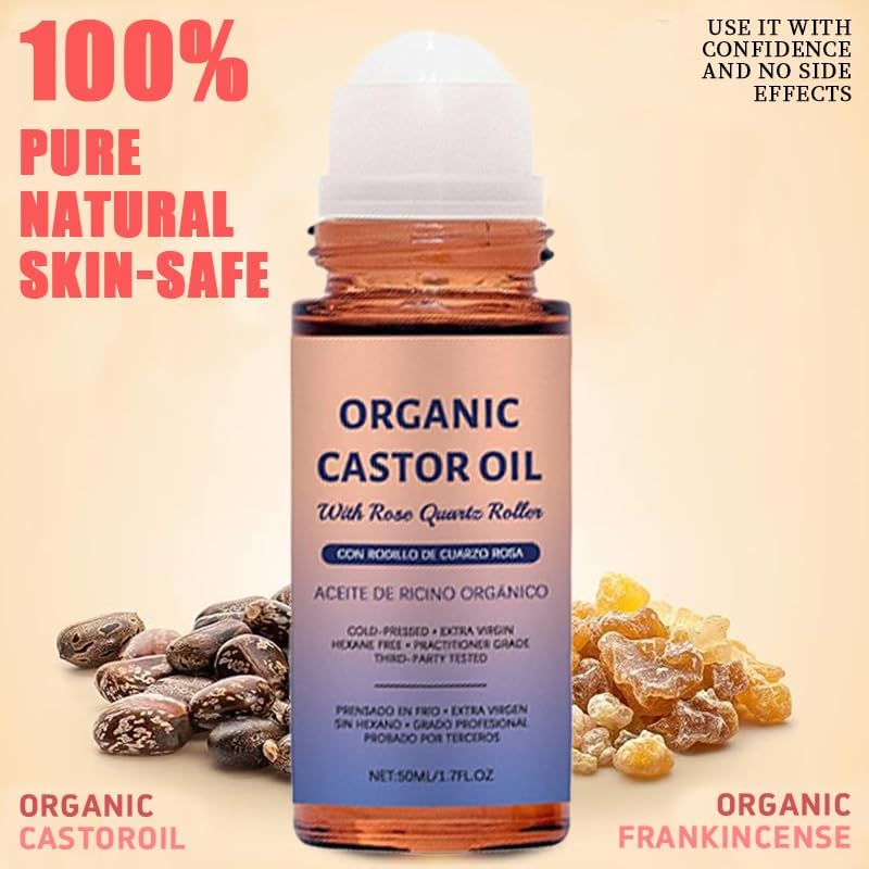 Organic Castor Oil with Rose Quartz Roller, Cold-Pressed Pure Organic Castor Oil Roller Ball for Hair Growth, Eyelashes, Eyebrows & Skin, 1.7 fl oz(1) Olavita SerumAu supplements