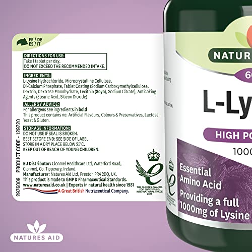 Natures Aid L-Lysine 1000 mg, High Potency Essential Amino Acid, Vegan, 60 Tablets natures aidUS supplements