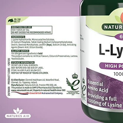 Natures Aid L-Lysine 1000 mg, High Potency Essential Amino Acid, Vegan, 60 Tablets natures aidUS supplements