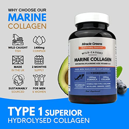 Marine Collagen 1400mg | 120 Capsules with Biotin, Hyaluronic Acid, Vitamin C, E, B2, Zinc, Copper & Iodine Miracle GreensUS supplements